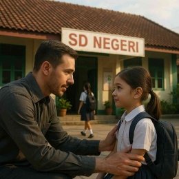 Pelukan Pagi di Gerbang SD Negeri: Jejak Cinta di Hari Pertama Sekolah [i. prompt kuratorial AI by Feddy WS, 2025]